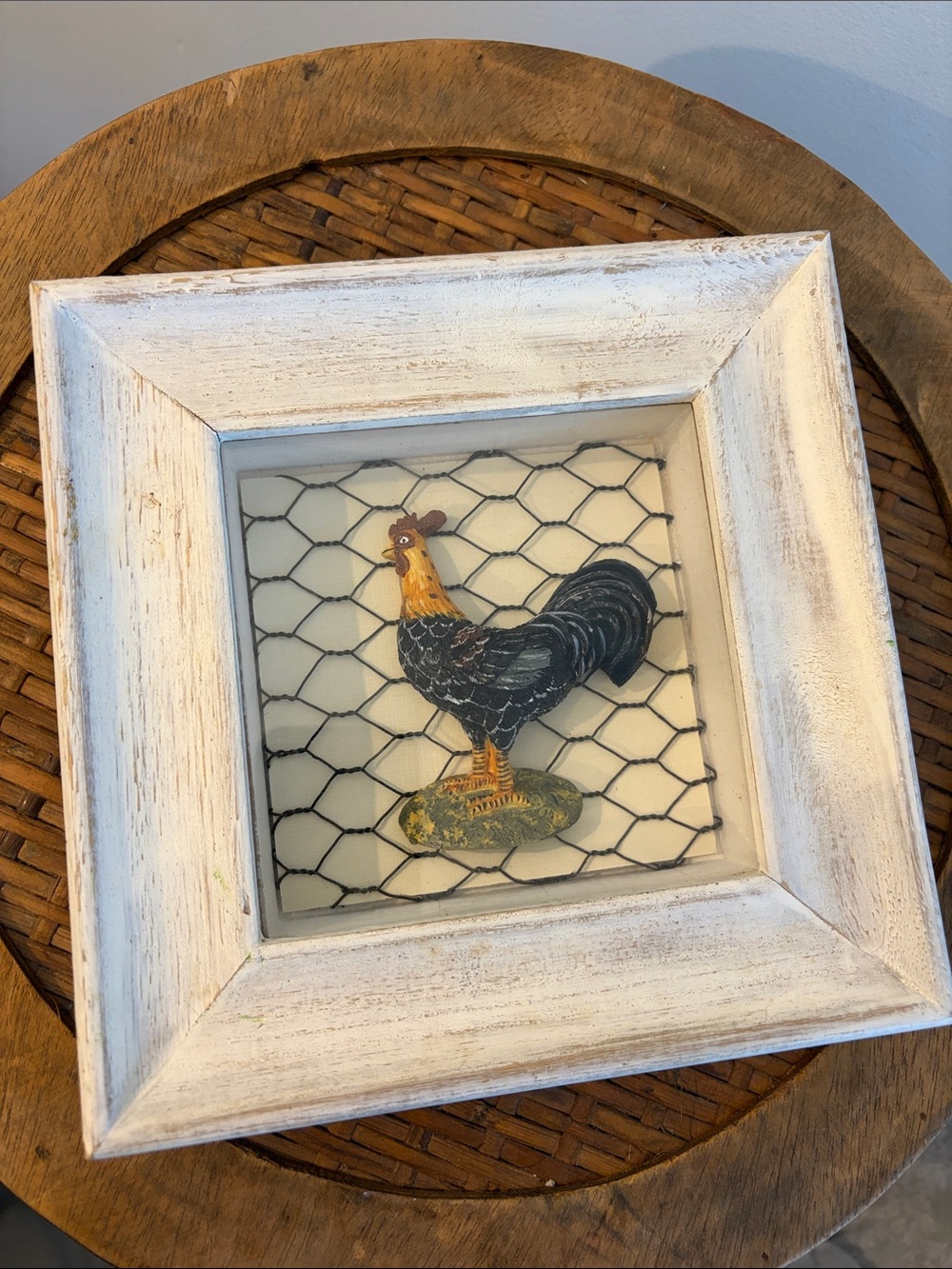 Rustic White Framed Rooster Wall Art - Farmhouse Accent